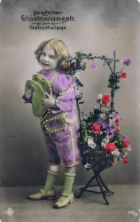 alte Karte zum Geburtstag, Mädchen, Blumen, coloriert, 1911