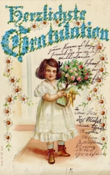 alte Geburtstagskarte, Mädchen, Blumen, 1900