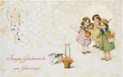 alte Geburtstagskarte, Mädchen, Katze, 1915