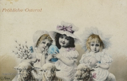 Karte zu Ostern,  Mädchen, Osterei, Schaf, 1903