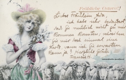 Karte zu Ostern,  Mädchen, Osterei, Schaf, 1904