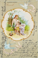 Grusskarte, Duftkarte, Frau, Kind, Schwalbe, 1900