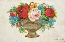 Grusskarte, Blumenstrauß, Blumenschale, Rosen, Prägung, 1906
