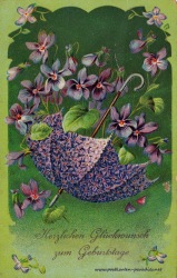 historische Geburtstagskarte Blumen Schirm Prägung