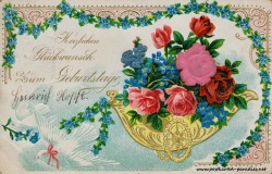 historische Geburtstagskarte Vergissmeinnicht Rosen Wagen Prägung Goldauflage 1905
