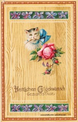 historische Geburtstagskarte Katze, Rose, 1907