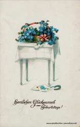 historische Geburtstagskarte Vergissmeinnicht Tisch Hufeisen 1920