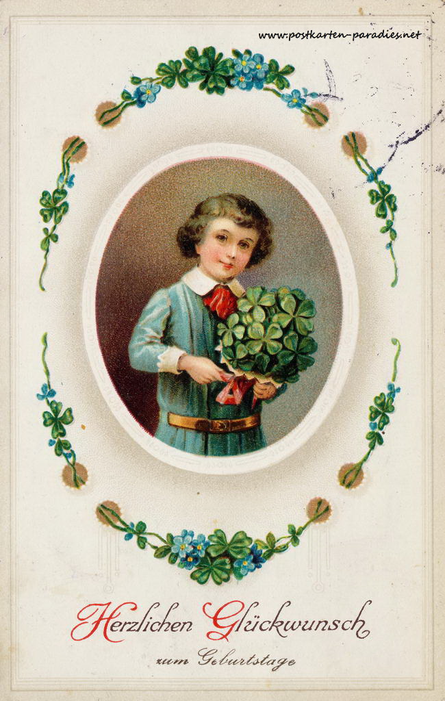 alte Geburtstagskarte Junge Kleeblatt Vergissmeinnicht 1906