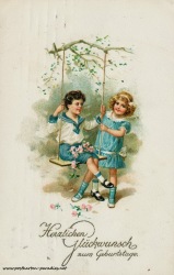 alte Geburtstagskarte Kinder Schaukel 1914