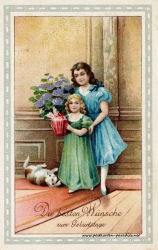 alte Geburtstagskarte Mädchen Blumentopf