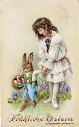 Osterkarte Mädchen Osterhase 1908