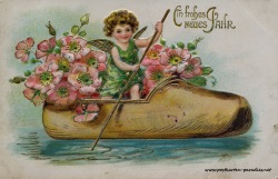 alte Neujahrskarte Engel im Boot Jugendstil 1907
