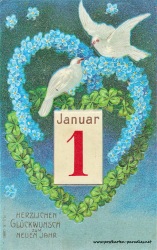 alte Neujahrskarte Tauben Maiglöckchen Kleeblatt 1907